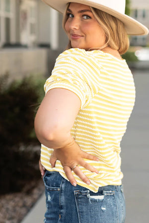 Yellow Stripe Short Puff Sleeve Plus Size Top