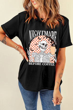 Black Nightmare Before Coffee Letter Print Graphic Tee