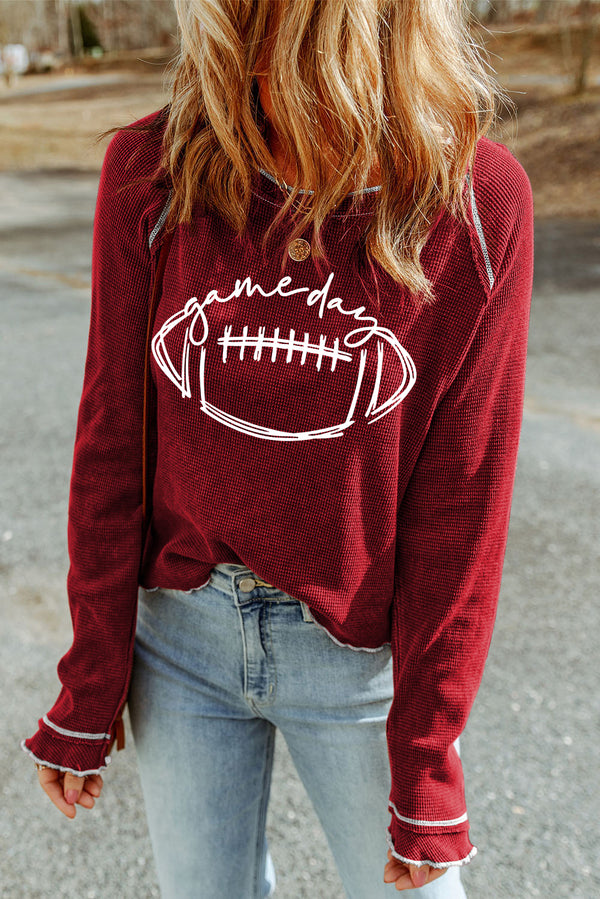 Red Waffle Rugby Graphic Contrast Hem Sweatshirt