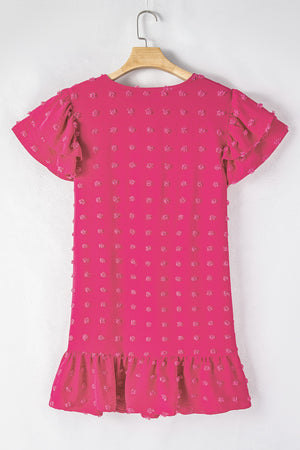 Strawberry Pink Plus Size Swiss Dot Short Ruffle Sleeve Mini Dress