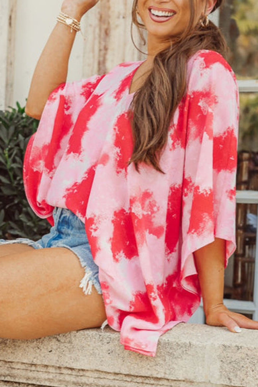 Red Plus Size Tie Dye Print 3/4 Sleeve Tunic Top