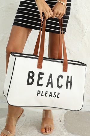 Bright White BEACH PLEASE Print Large Canvas Tote Bag