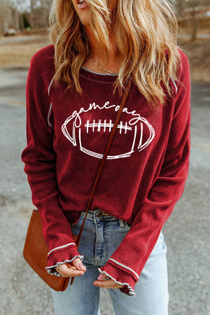 Red Waffle Rugby Graphic Contrast Hem Sweatshirt