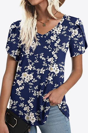 Printed Petal Sleeve V-Neck Blouse