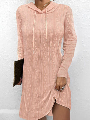 Textured Drawstring Long Sleeve Hooded Dress