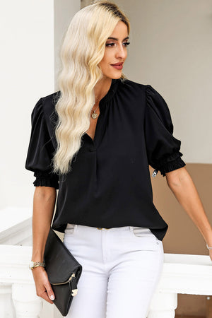 Notched Neck Puff Sleeve Blouse