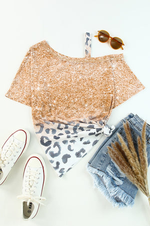 Leopard Asymmetrical Neck Cold-Shoulder Blouse