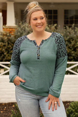 Plus Size Leopard Waffle-Knit Long Sleeve T-Shirt