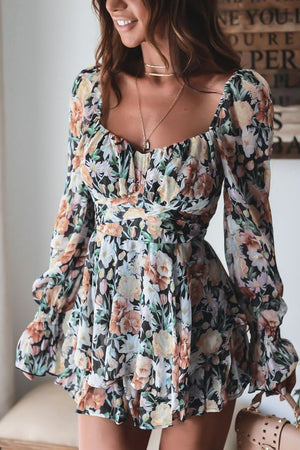 Floral Sweetheart Neck Flounce Sleeve Romper