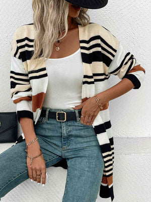 Striped Open Front Drop Shoulder Cardigan