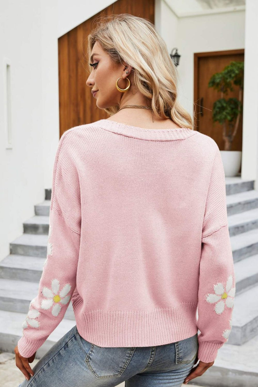 Floral Ribbed Trim Drop Shoulder Cardigan