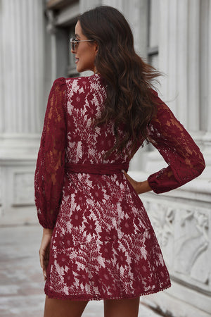 Pompom Trim Puff Sleeve Belted Lace Dress