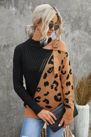 Leopard  Block Turtleneck Sweater