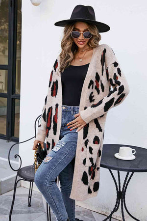 Leopard Open Front Cardigan with Pockets